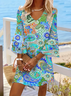 Women Floral Summer Printing Dress V Neck Half Sleeve Classic H-Line Dress