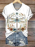 Casual Floral Dragonfly Print V Neck Short Sleeve T-shirt