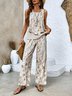 Women Floral Crew Neck Sleeveless Comfy Casual Two-Piece Set