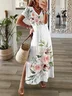 Women Sundress Floral V Neck Short Sleeve Comfy Casual Printing Maxi Dress
