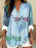 Shawl Collar Half Sleeve Dragonfly Regular Loose Blouse For Women