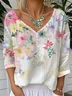 Casual Floral V Neck Long Sleeve T-shirt
