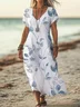 Women Floral V Neck Short Sleeve Comfy Casual Printing Maxi Dress