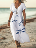 Women Dragonfly V Neck Short Sleeve Comfy Casual Printing Maxi Dress