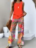 Women Floral Two-Piece Set Daily Sleeveless Casual Summer Top With Pants Matching Set
