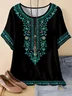 Vintage Ethnic Geometry Crew Neck Three Quarter Sleeve T-shirt