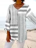 V Neck Long Sleeve Striped Regular Loose Blouse For Women