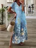 Women Sundress Floral Print V Neck Short Sleeve Comfy Casual Maxi Dress
