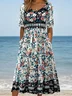 Women Floral Crew Neck Short Sleeve Comfy Casual Maxi Dress