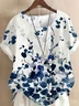 Crew Neck Short Sleeve Floral Art Print Casual Comfy Blouse For Women