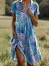 Women Floral Shirt Collar Short Sleeve Comfy Casual Midi Dress