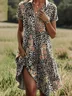 Women Floral Shirt Collar Short Sleeve Comfy Casual Midi Dress