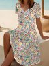 Women Floral V Neck Short Sleeve Comfy Casual Midi Dress