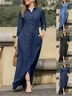 Women Plain Spring/Fall Dress Stand Collar Long Sleeve Shirt Dress H-Line Dress