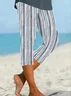 Casual Striped Capris Elastic Waist Printing Pant