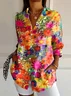 Colorful Floral Print Buckle Regular Loose Button Up Shirt For Women