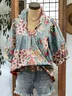 Shawl Collar Half Sleeve Floral Regular Loose Blouse For Women