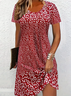 Women Ditsy Floral Summer Printing Dress Crew Neck Short Sleeve Tunic H-Line Dress