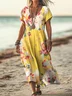 Women Floral Summer Dress V Neck Short Sleeve A-Line Dress