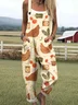 Women Animal Square Neck Gallus Casual Summer Cotton And Linen Jumpsuit