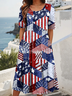 Women America Flag Summer Dress Crew Neck Short Sleeve A-Line Dress