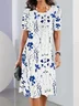 Women Floral Summer Printing Dress Crew Neck Short Sleeve Tunic H-Line Dress