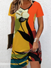 Women Abstract Summer Dress V Neck Short Sleeve Fit & Flare Dress A-Line Dress