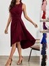 Women Plain Summer Split Joint Dress Crew Neck Sleeveless Tank A-Line Dress