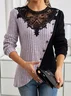 Slim Fit Lace Round Neck Color Matching Ribbed Cross Hem Long Sleeve Knitted Elegant Commuter T-Shirt Top