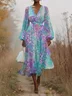 Women Floral Puff Sleeve Spring/Fall Dress V Neck Long Sleeve A-Line Dress