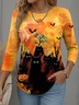 Halloween T-shirt Black Cat Pattern Vintage Crew Neck Long Sleeve Blouse