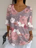 Casual Floral V Neck Three Quarter Sleeve T-shirt