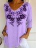 Casual Floral V Neck Three Quarter Sleeve T-shirt