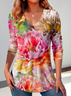 Casual Floral V Neck Long Sleeve T-shirt