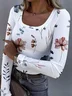 Casual Floral U-Neck Long Sleeve T-shirt