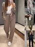 Women Plain Split Joint Two-Piece Set Daily Long Sleeve Casual Spring/Fall Top With Pants Matching Set