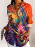 Women's Shirt Cotton Button Up Peacock Art Print Basic Blouse Casual Long Sleeve Shirt Collar Daily Top