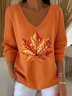 Women Cotton Maple Leaf Retro Ethnic Print Long Sleeve Comfy Sweater