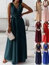Women Plain Summer Split Joint Dress V Neck Sleeveless Tank A-Line Dress