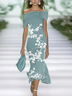 Women Floral Summer Printing Dress Cold Shoulder Cap Sleeve H-Line Dress