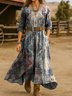 Women Ethnic Spring/Fall Dress V Neck Long Sleeve H-Line Dress