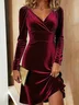 Women Plain Spring/Fall Dress V Neck Long Sleeve A-Line Dress