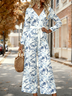 Women Botanical Pattern V Neck Long Sleeve Elegant Spring/Fall Jumpsuit