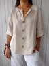Crew Neck Long Sleeve Plain Buttoned Regular Loose Shirt For Women