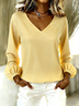 Vintage Plain V Neck Long Sleeve T-shirt