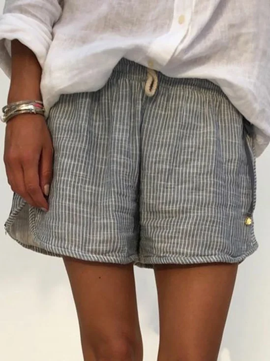 Casual Summer Striped Cotton Solid Drawstring Shorts
